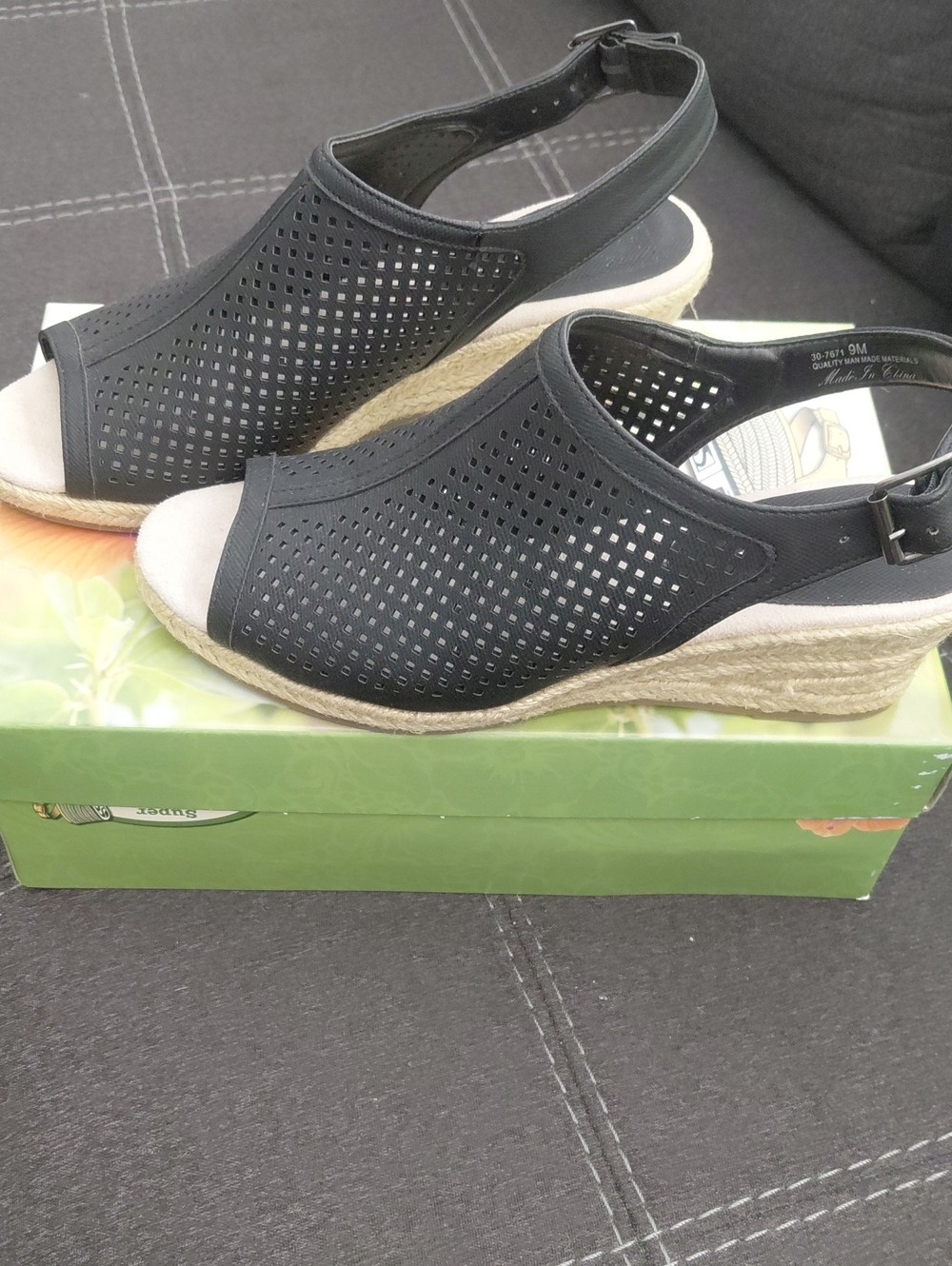 Black Perforated Wedge Sandals with Espadrille Sole